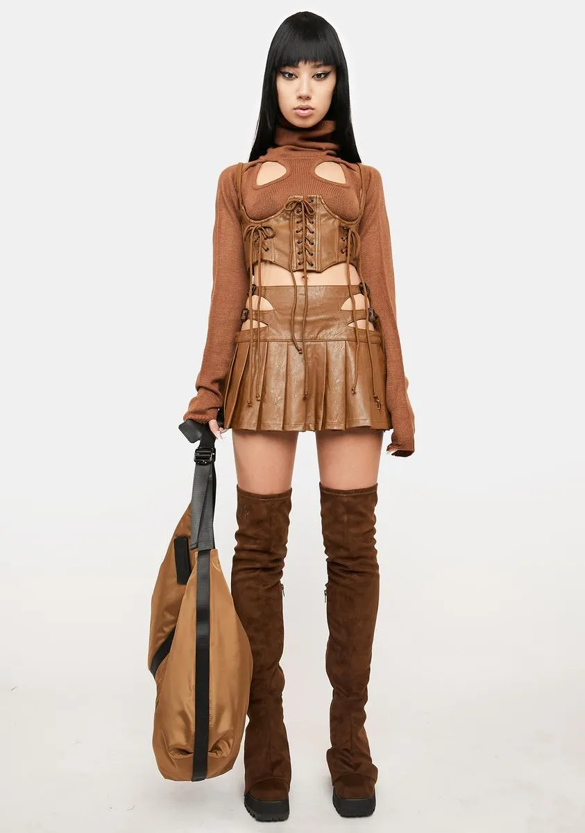 Atmosphere Brown Knit Cutout Turtleneck Top