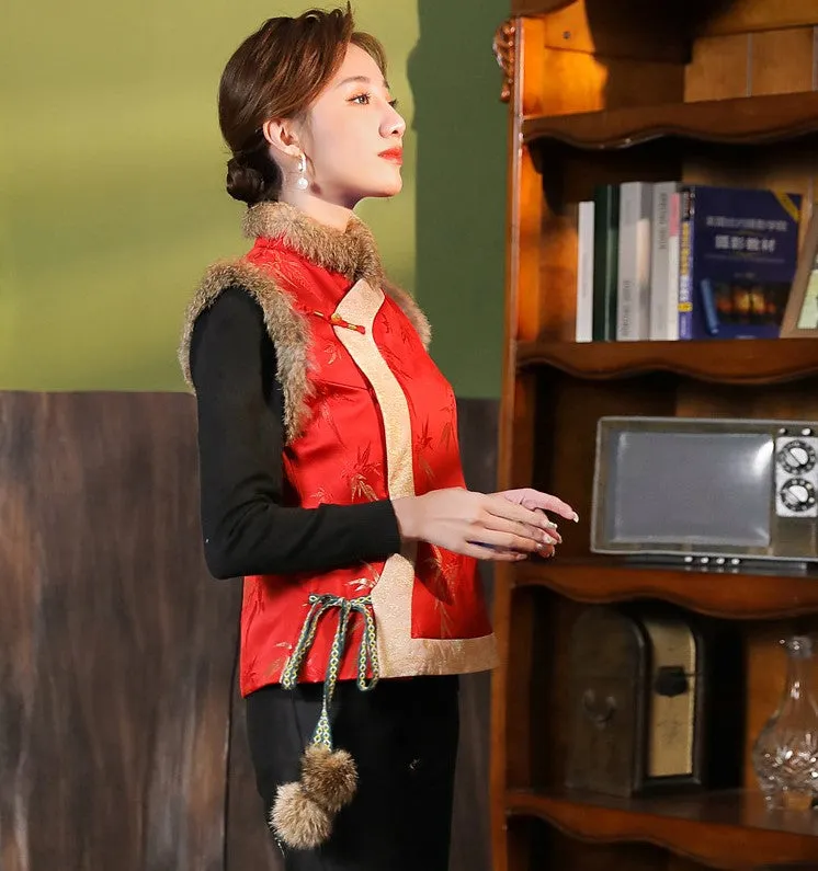 Bamboo Pattern Brocade Fur Collar & Cuff Chinese Style Thick Waistcoat Vest