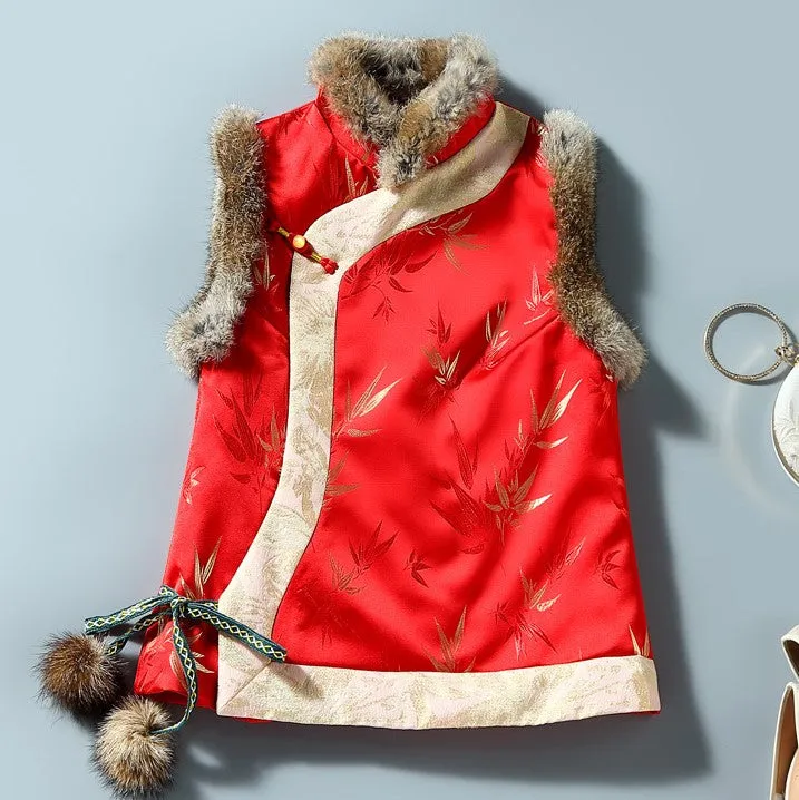 Bamboo Pattern Brocade Fur Collar & Cuff Chinese Style Thick Waistcoat Vest