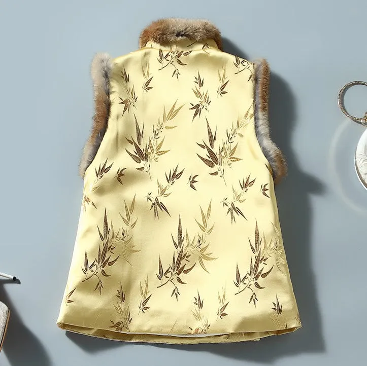 Bamboo Pattern Brocade Fur Collar & Cuff Chinese Style Thick Waistcoat Vest