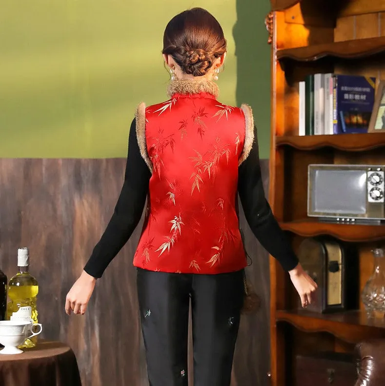 Bamboo Pattern Brocade Fur Collar & Cuff Chinese Style Thick Waistcoat Vest