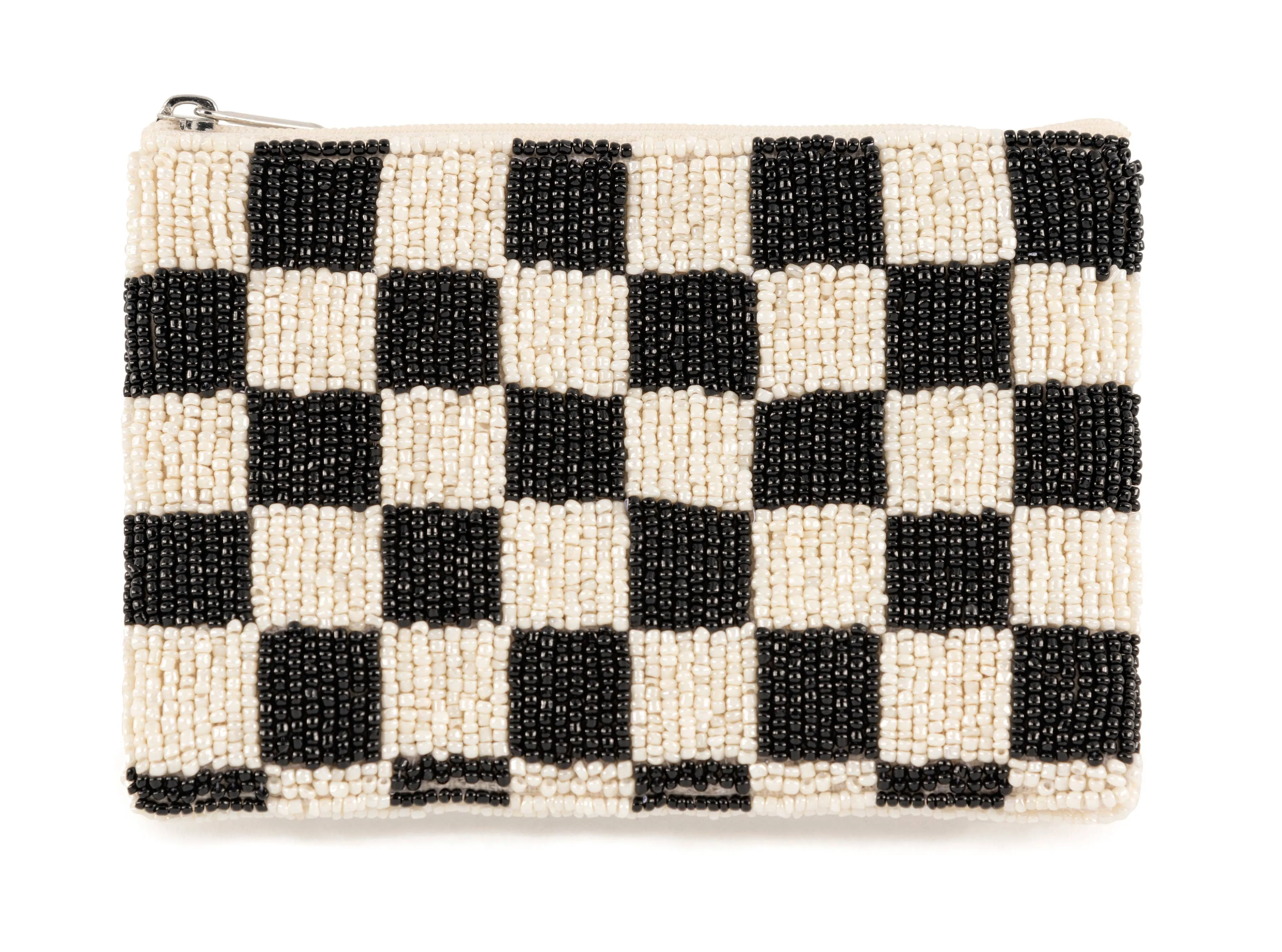 BEADED ZIP POUCH-B W Checker