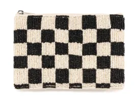 BEADED ZIP POUCH-B W Checker