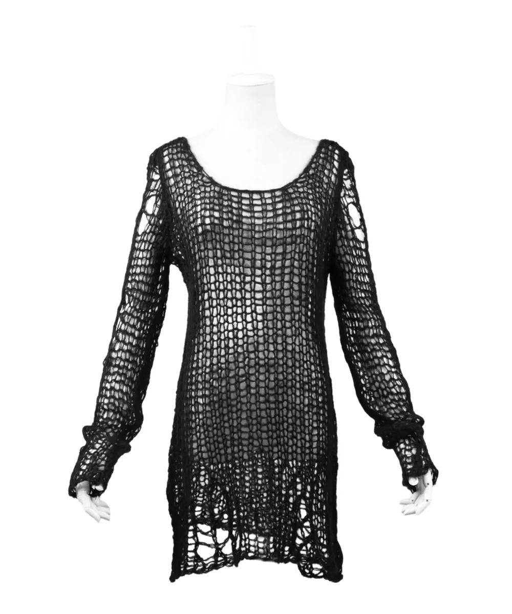 Black Shredded Knit Crocheted Sweater with Long Sleeves