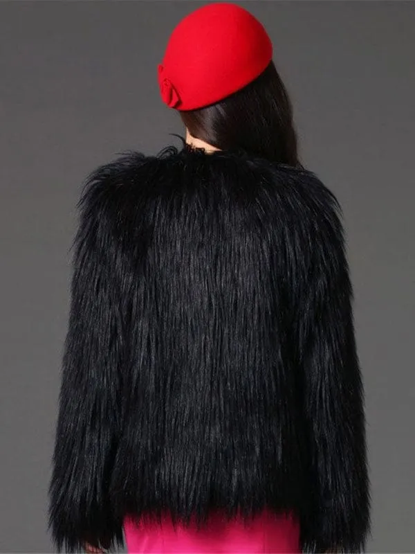 Black Winter Coat Faux Fur Round Collar Women'S Fluffy Coat And Jacket