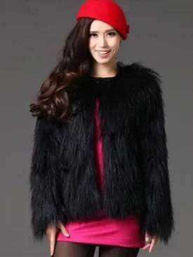 Black Winter Coat Faux Fur Round Collar Women'S Fluffy Coat And Jacket