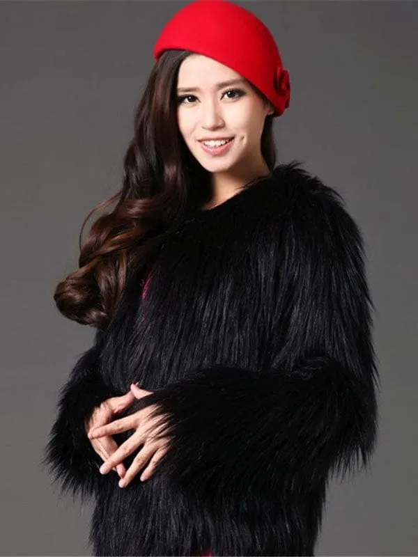 Black Winter Coat Faux Fur Round Collar Women'S Fluffy Coat And Jacket