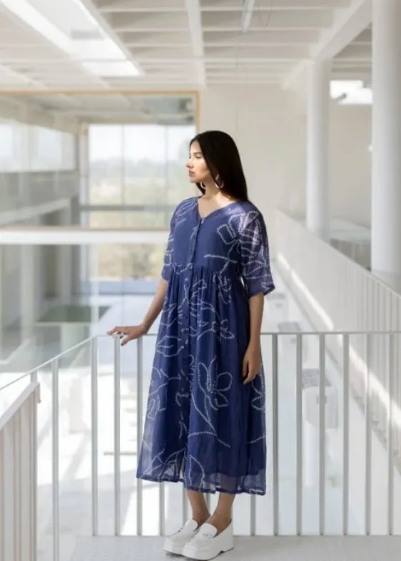 Blue Wild Flower Bandhej Dress