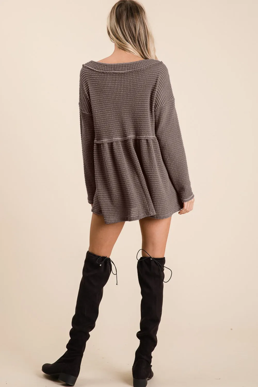 Blue Zone Planet |  BiBi Waffle Knit V-Neck Babydoll Blouse