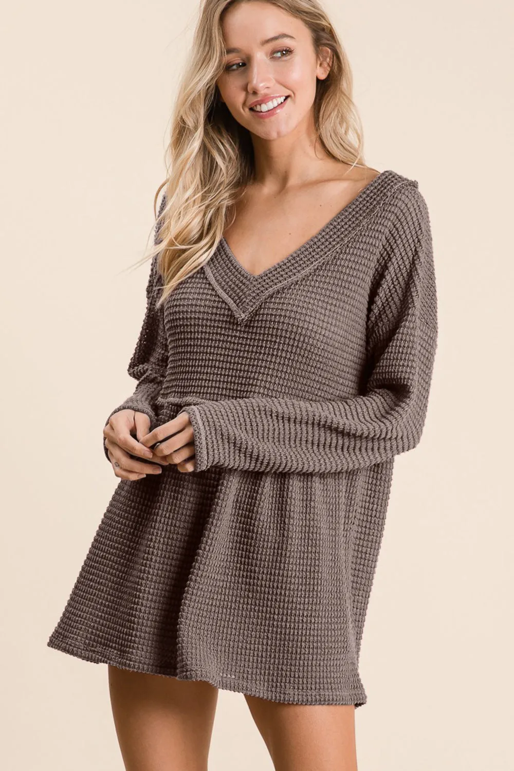 Blue Zone Planet |  BiBi Waffle Knit V-Neck Babydoll Blouse