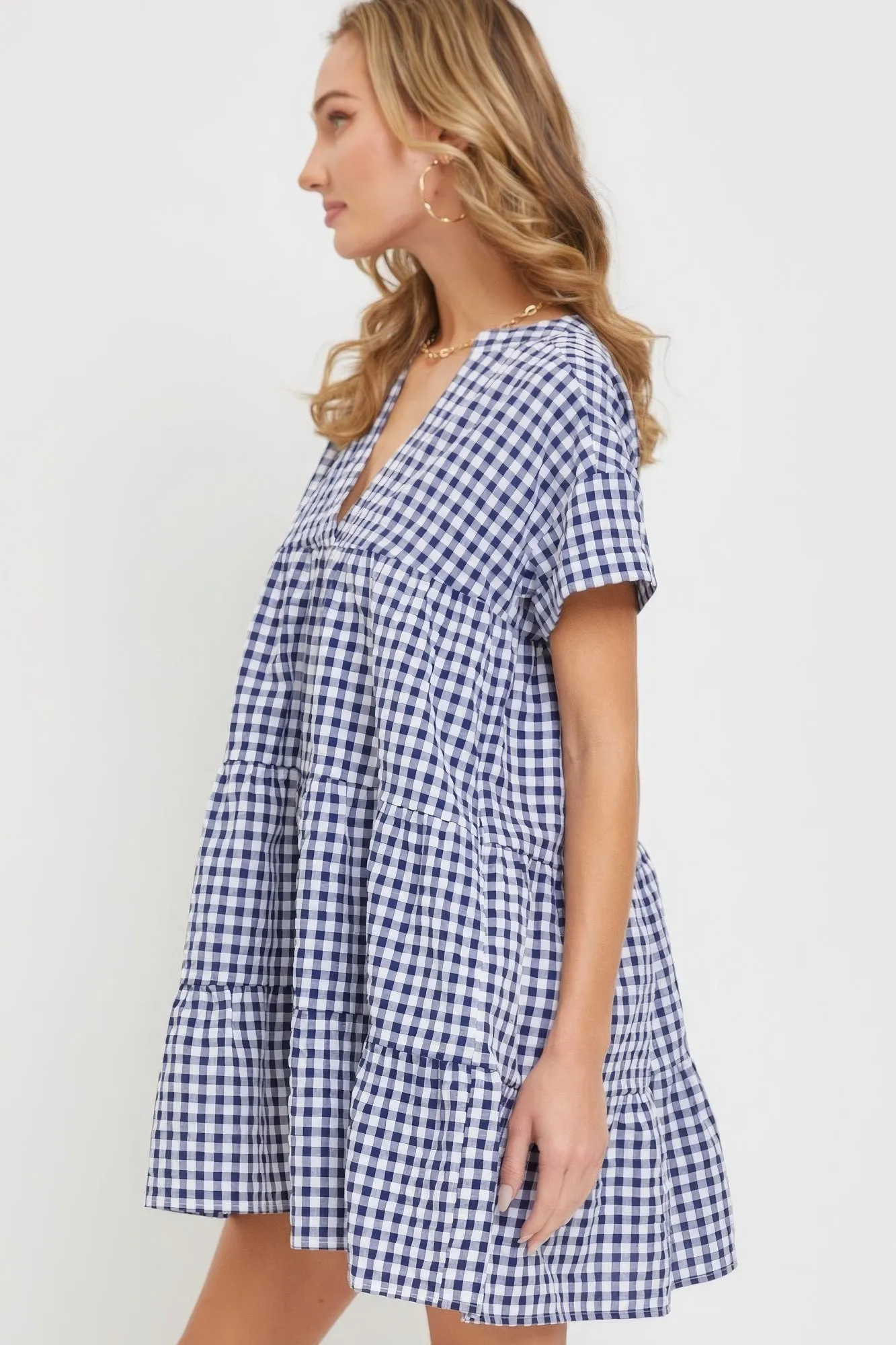 Blue Zone Planet |  Ella's V-Neck Babydoll Gingham Mini Dress