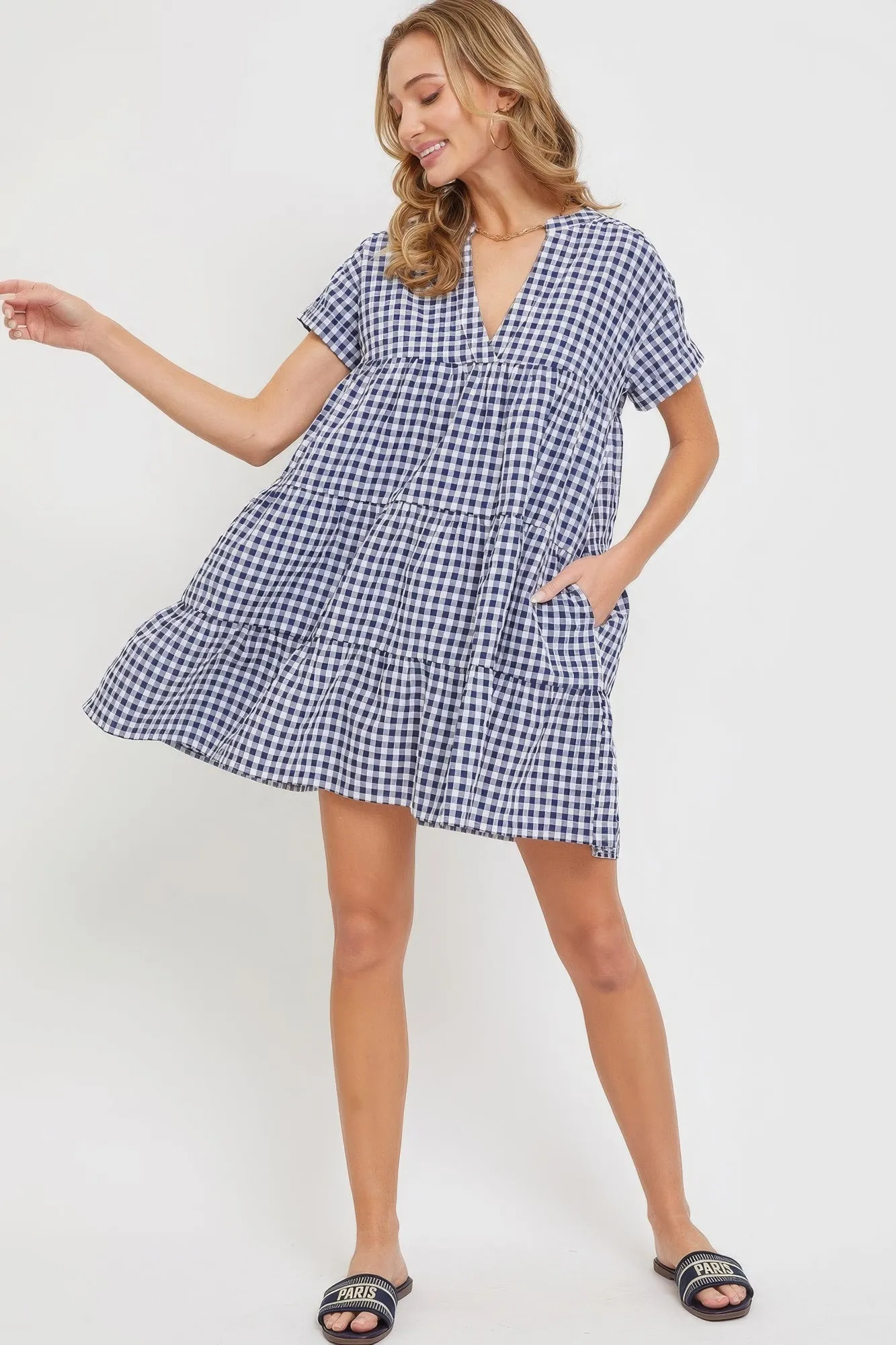 Blue Zone Planet |  Ella's V-Neck Babydoll Gingham Mini Dress
