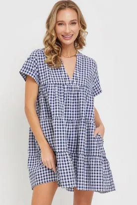 Blue Zone Planet |  Ella's V-Neck Babydoll Gingham Mini Dress