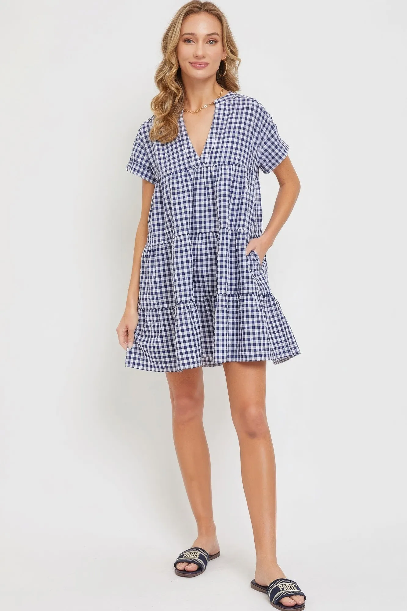 Blue Zone Planet |  Ella's V-Neck Babydoll Gingham Mini Dress