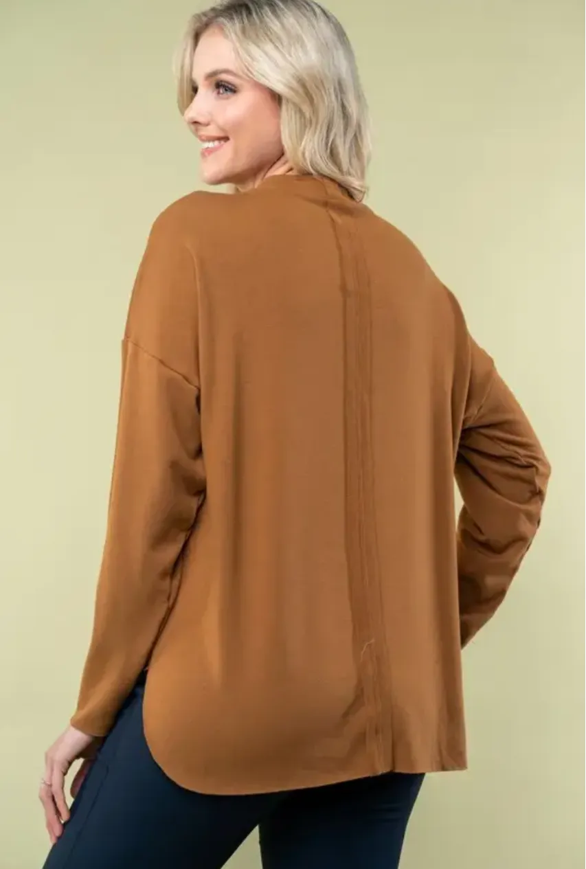 Bronze Long Sleeve Solid Pocket Top