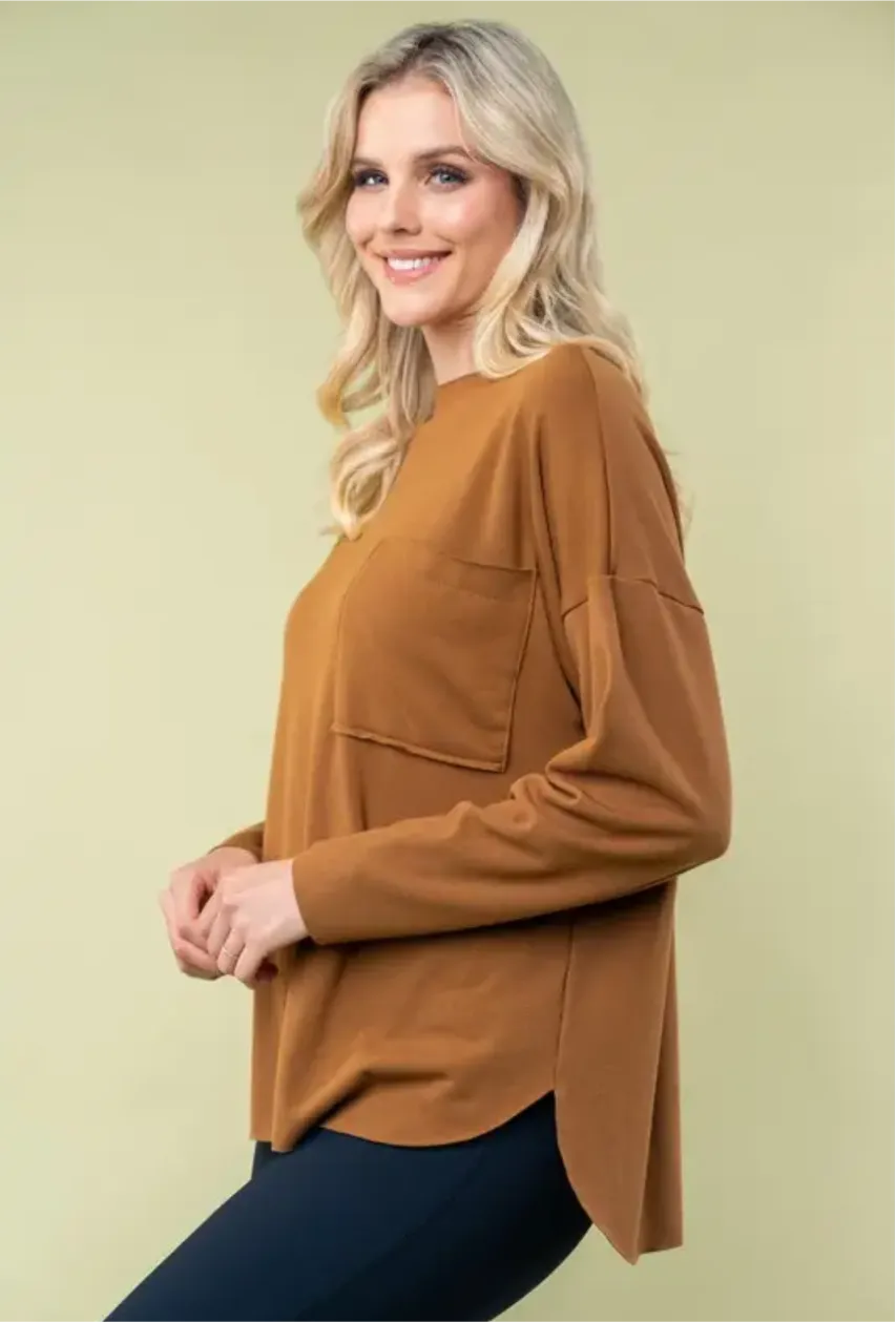 Bronze Long Sleeve Solid Pocket Top
