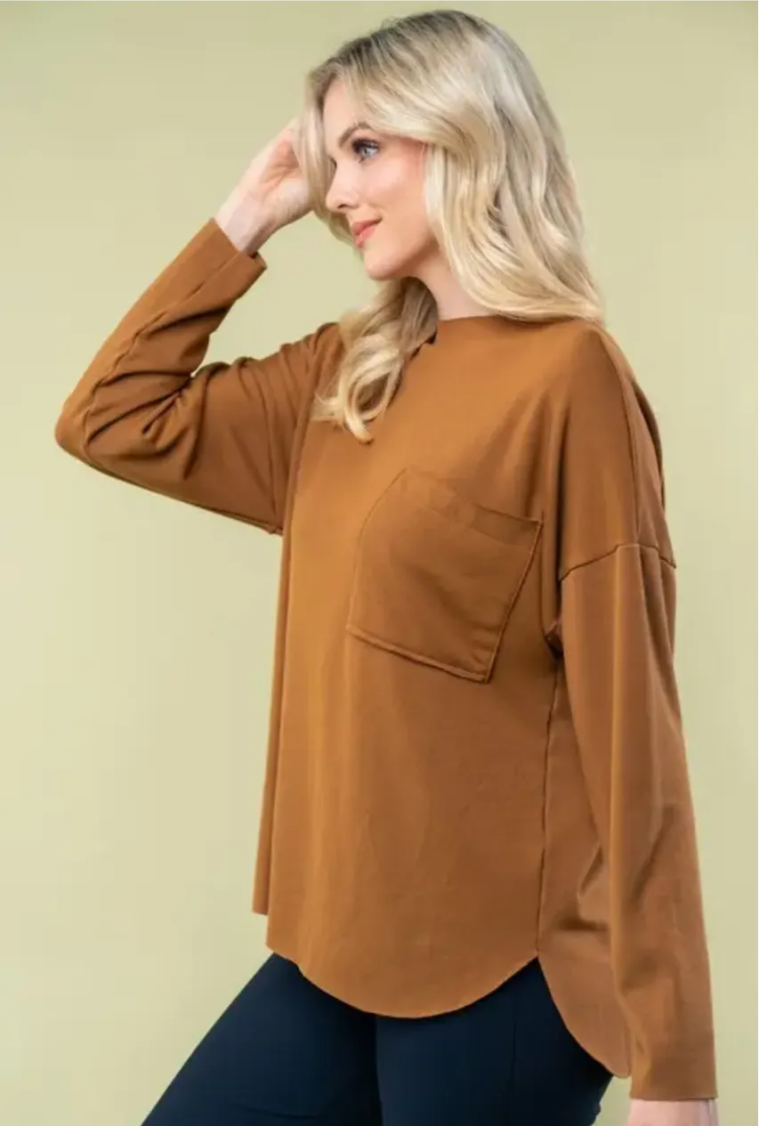 Bronze Long Sleeve Solid Pocket Top