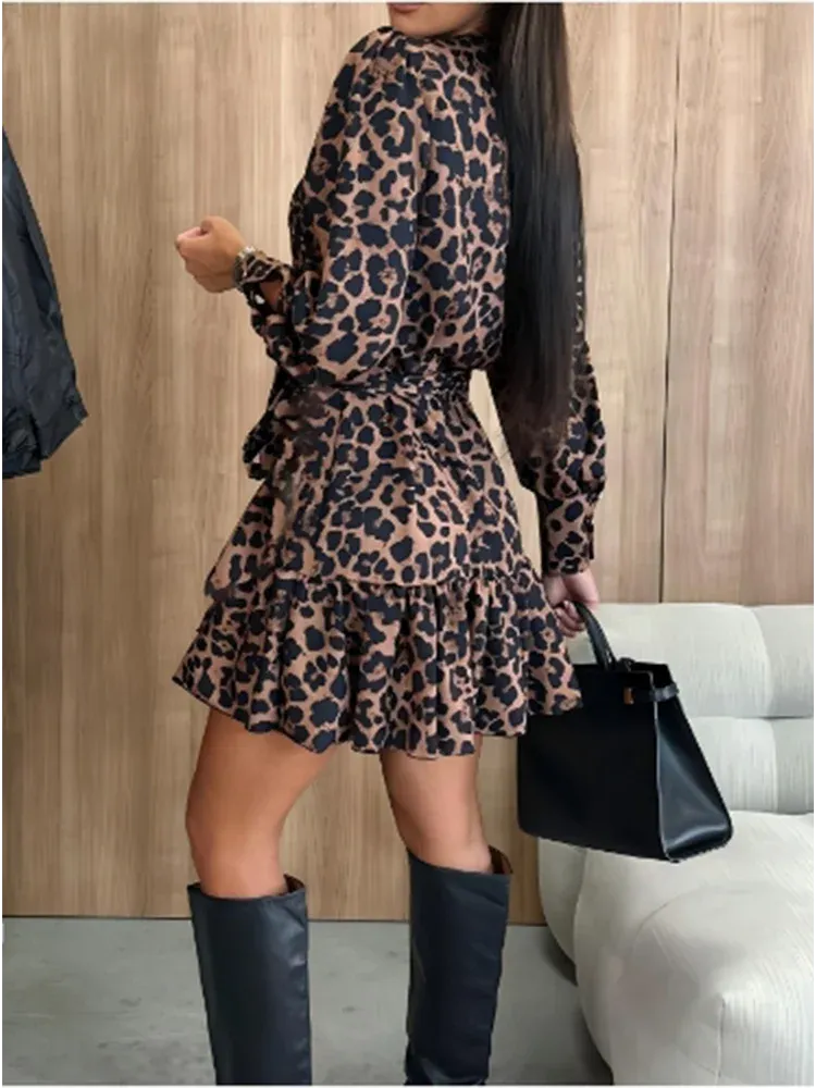 Burgundy Leopard Print V-Neck Mini Dress with Tie Waist & Lantern Sleeves