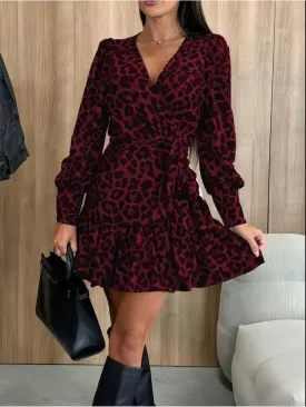 Burgundy Leopard Print V-Neck Mini Dress with Tie Waist & Lantern Sleeves
