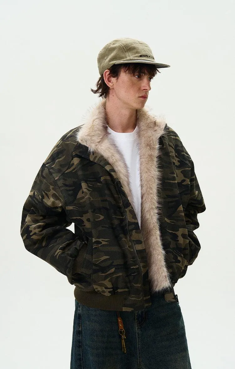 CAMOUFLAGE FAUX FUR COLLAR BOMBER JACKET