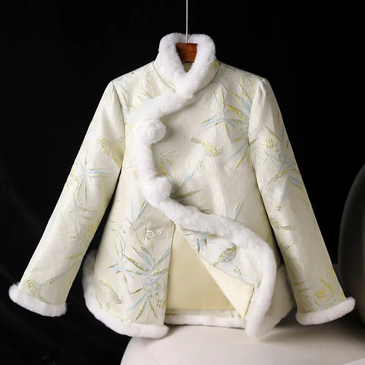 Chinese-Style Rabbit Fur Mandarin Collar Short Quilted Coat - Winter Tang Jacket for Women