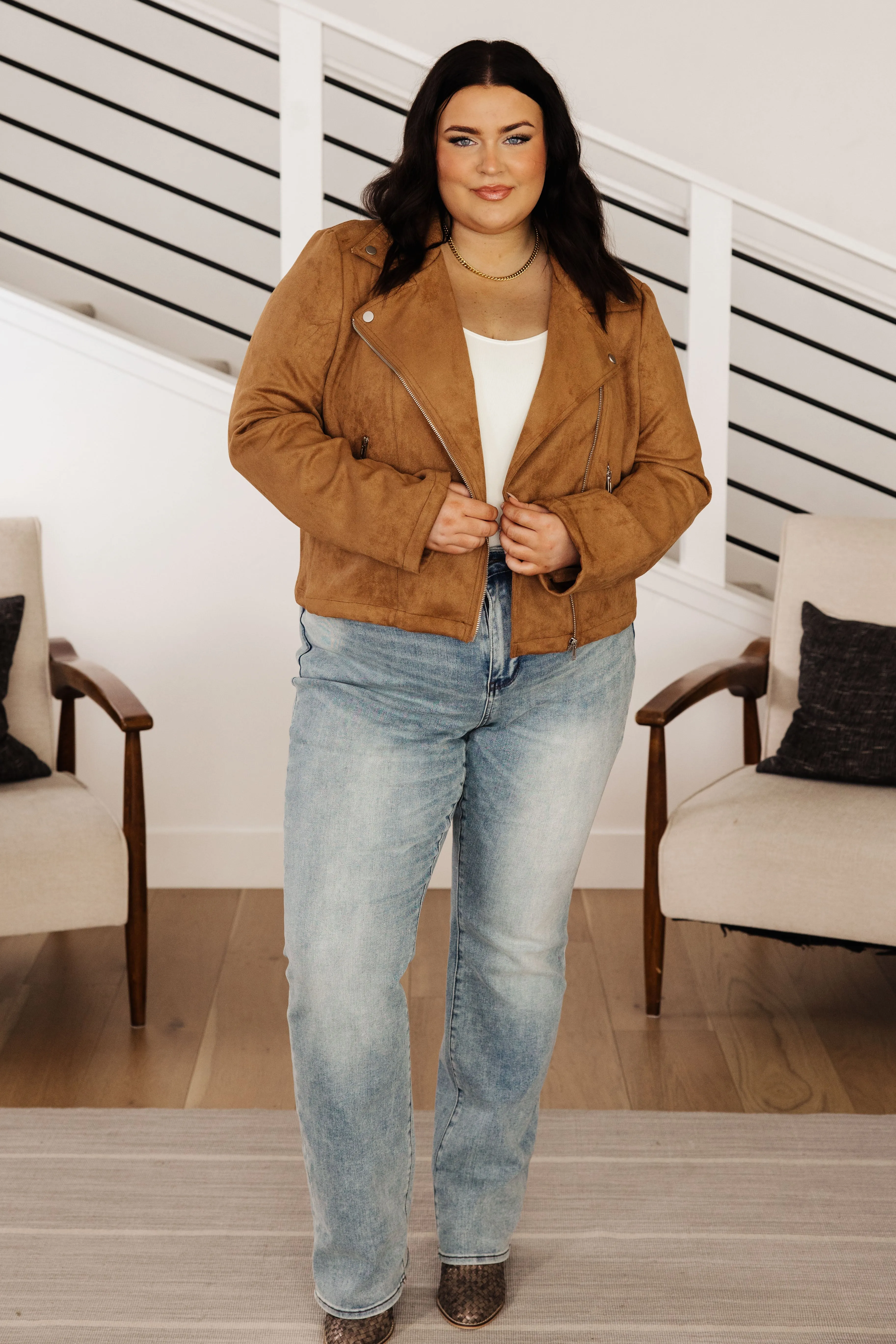 Clara Faux Suede Moto Jacket in Camel - 10/10/2023