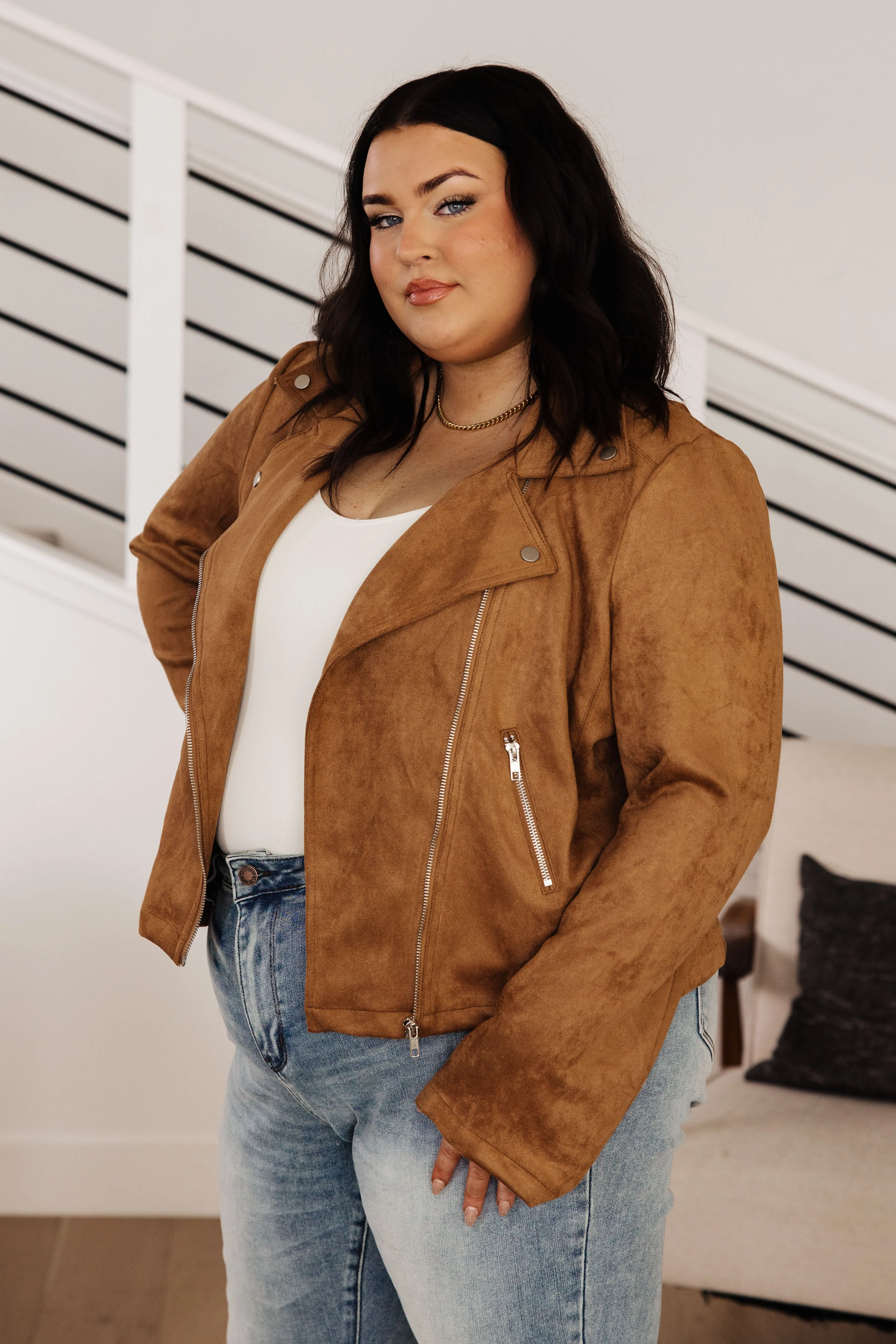 Clara Faux Suede Moto Jacket in Camel - 10/10/2023