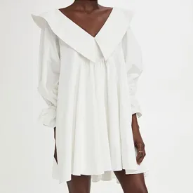 Cute Chelsea Collar V Neck Balloon Sleeve Babydoll Mini Dresses - White