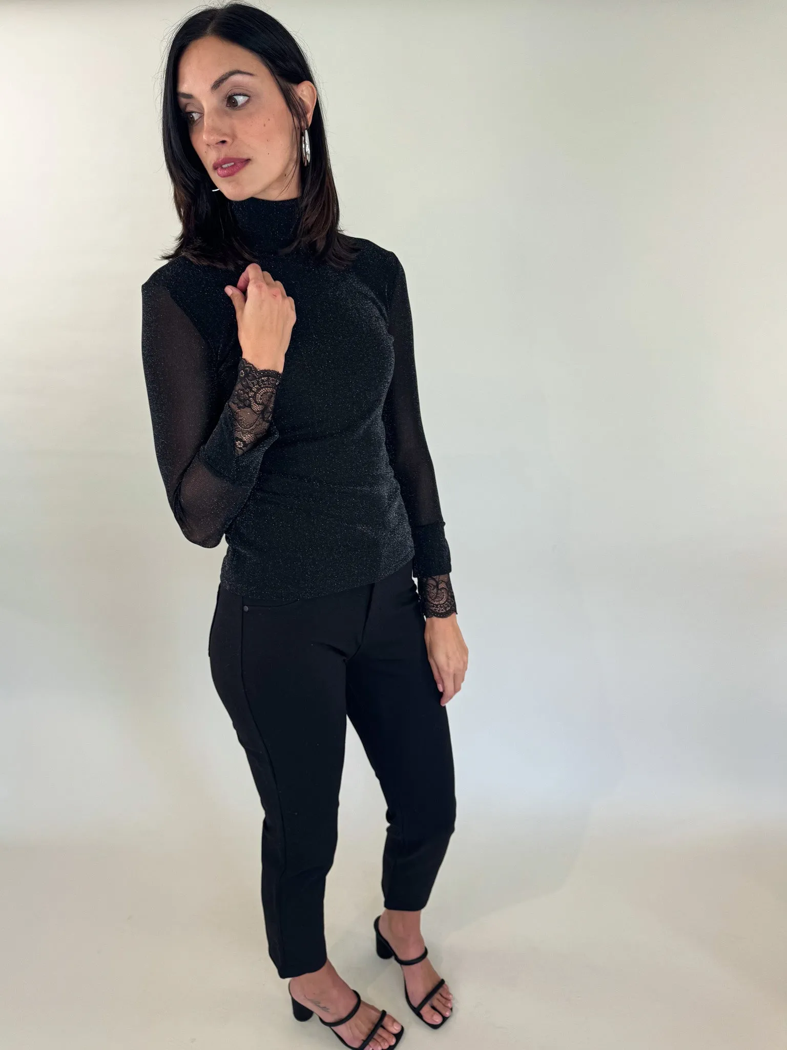 Detailed Black Metallic Turtleneck
