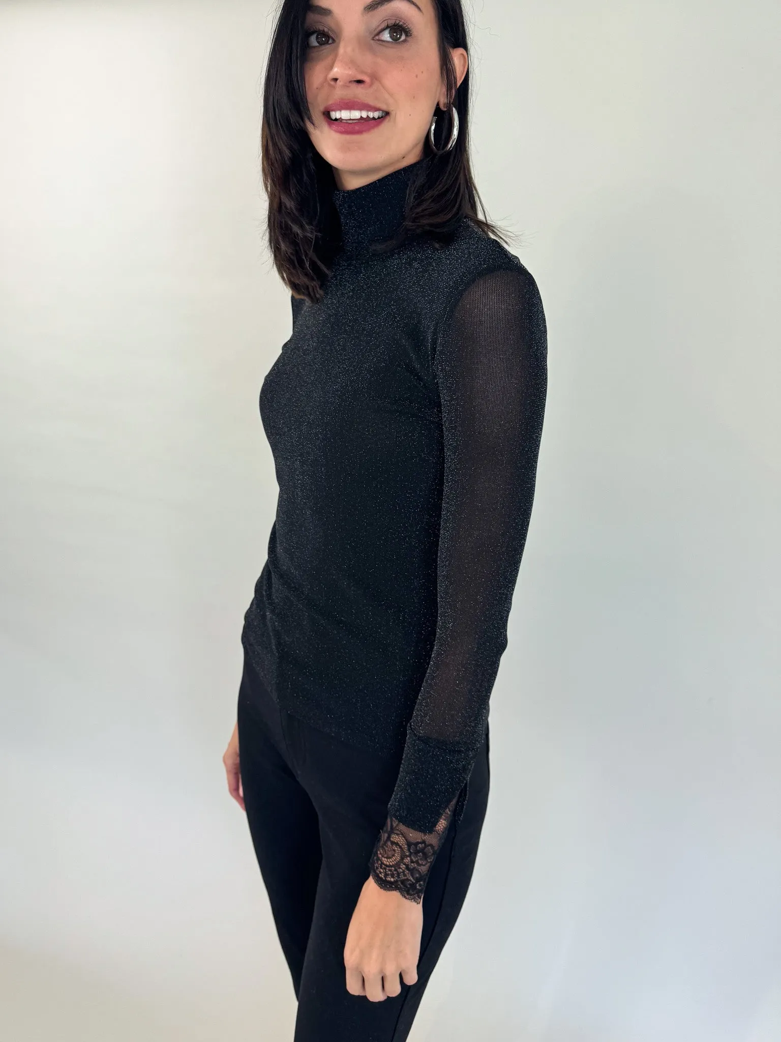 Detailed Black Metallic Turtleneck