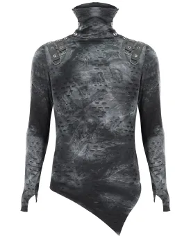 Devil Fashion Mens Apocalyptic Punk Broken Knit Top - Grey & Black
