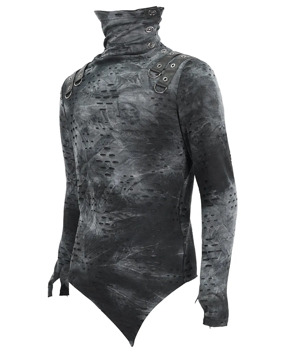Devil Fashion Mens Apocalyptic Punk Broken Knit Top - Grey & Black