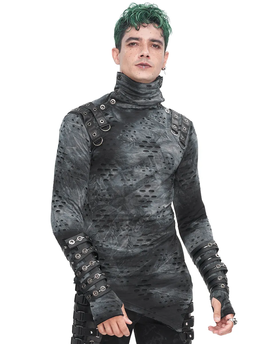 Devil Fashion Mens Apocalyptic Punk Broken Knit Top - Grey & Black