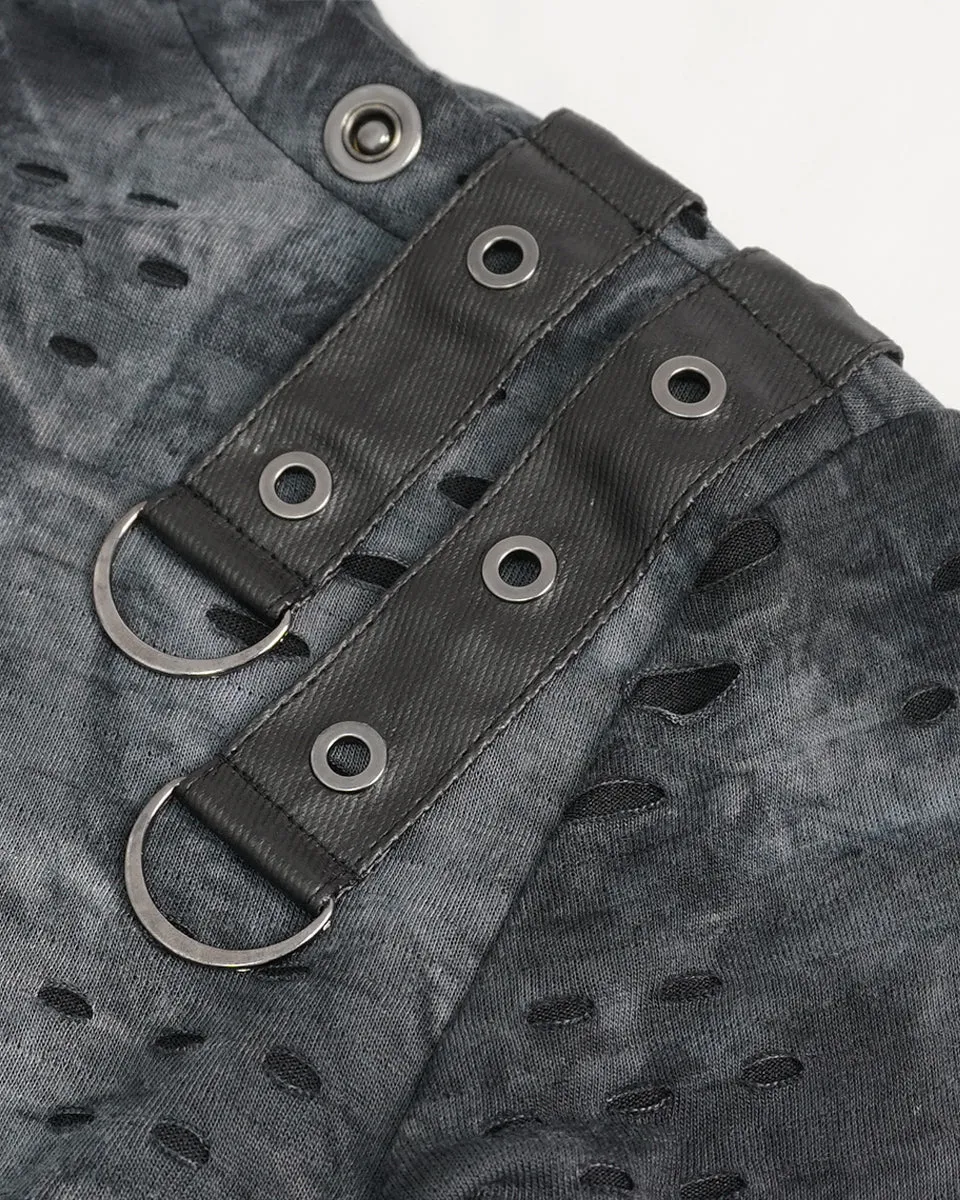 Devil Fashion Mens Apocalyptic Punk Broken Knit Top - Grey & Black