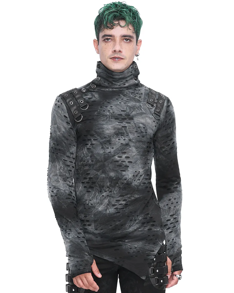 Devil Fashion Mens Apocalyptic Punk Broken Knit Top - Grey & Black