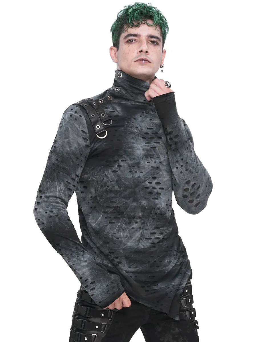 Devil Fashion Mens Apocalyptic Punk Broken Knit Top - Grey & Black