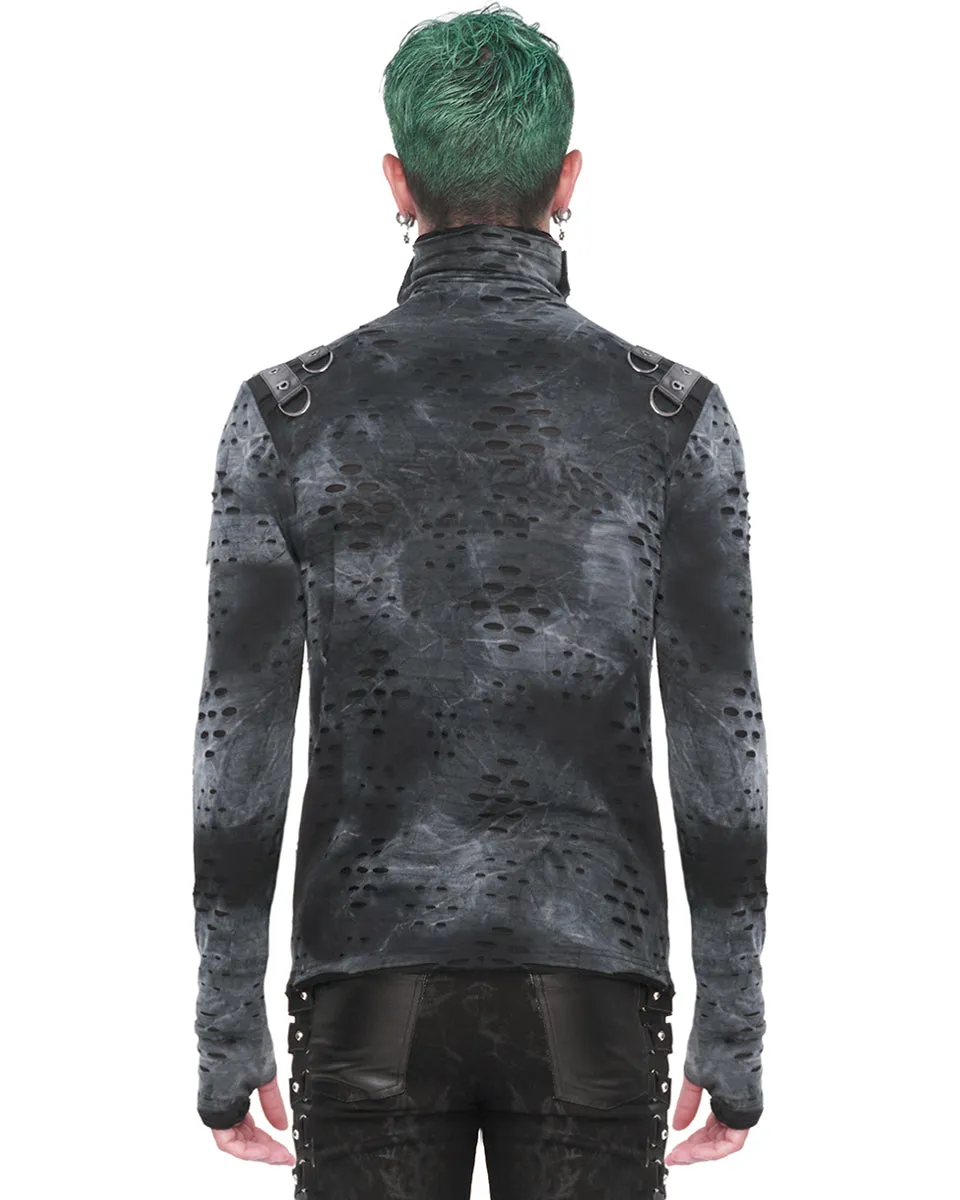 Devil Fashion Mens Apocalyptic Punk Broken Knit Top - Grey & Black