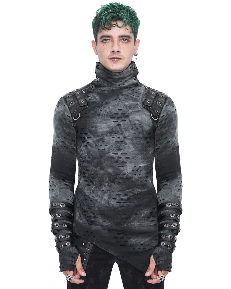 Devil Fashion Mens Apocalyptic Punk Broken Knit Top - Grey & Black