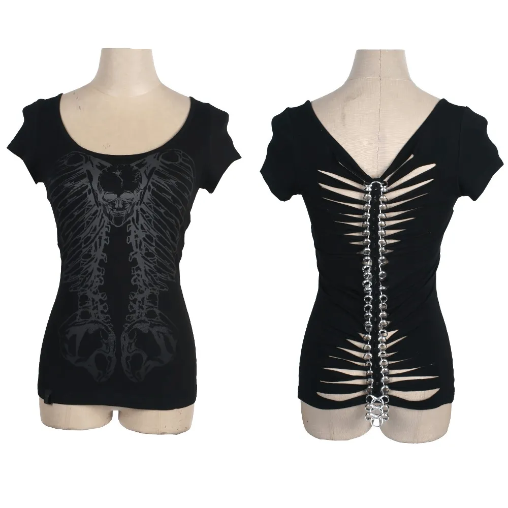 Edgy Chain-Back Skeleton Knit T-Shirt - Punk Rave Inspired