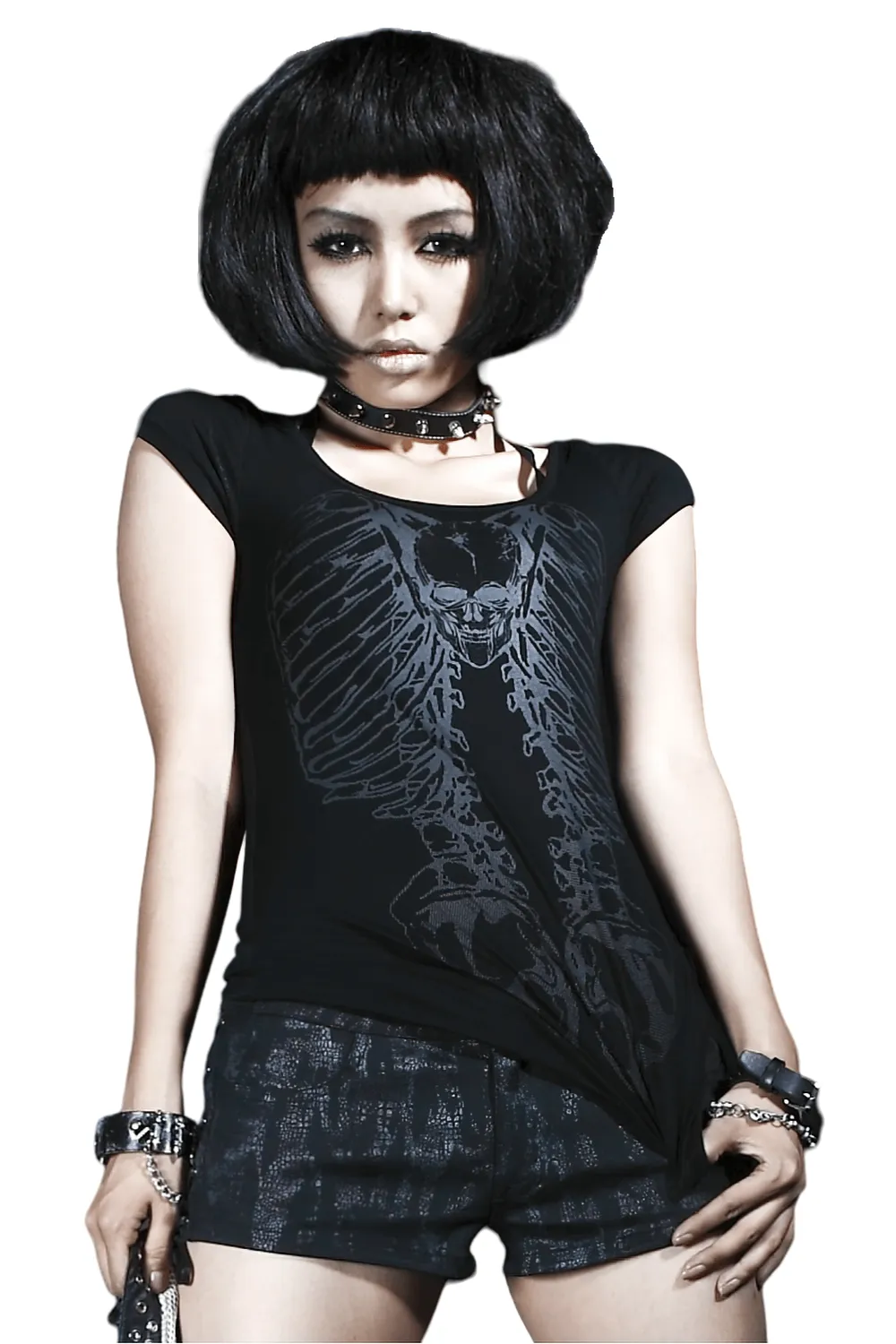 Edgy Chain-Back Skeleton Knit T-Shirt - Punk Rave Inspired