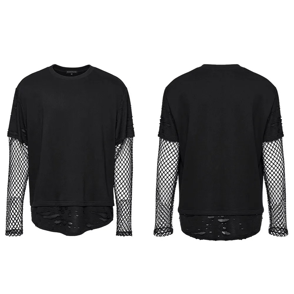 Edgy Punk Mesh-Sleeved Distressed Top for Men