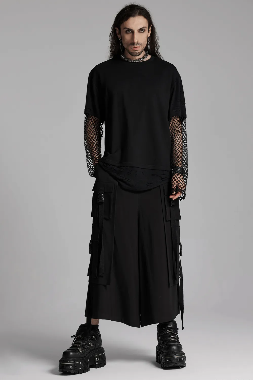 Edgy Punk Mesh-Sleeved Distressed Top for Men