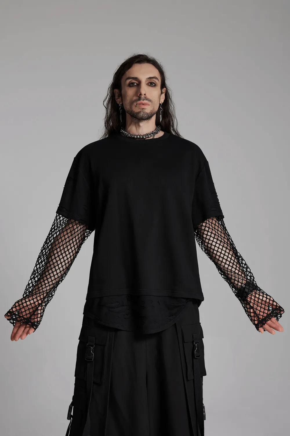 Edgy Punk Mesh-Sleeved Distressed Top for Men