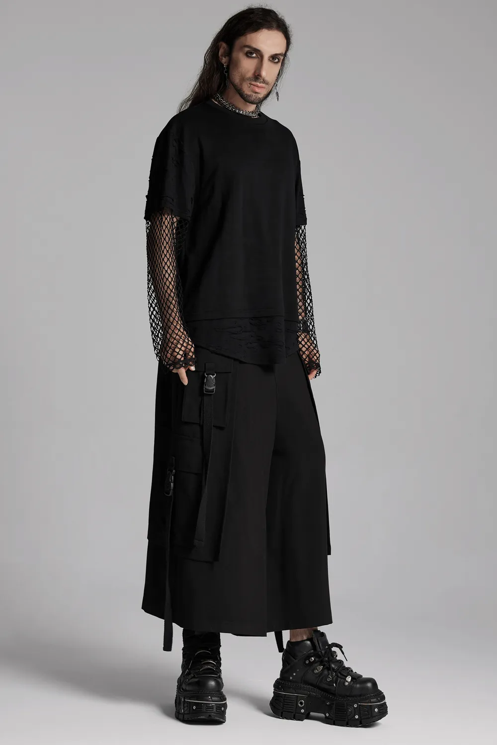 Edgy Punk Mesh-Sleeved Distressed Top for Men
