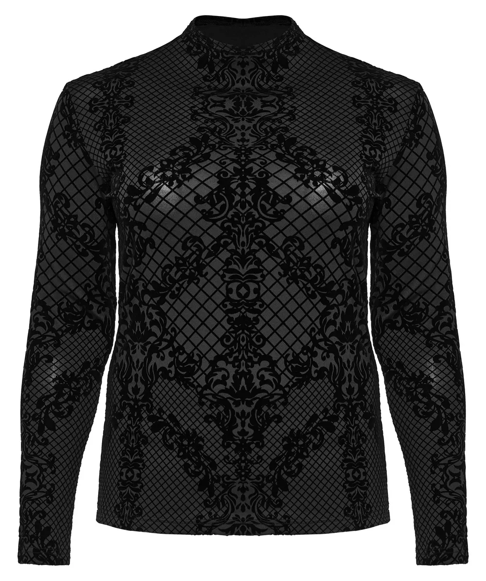 Elastic Knit Goth Flocking Top with High Collar
