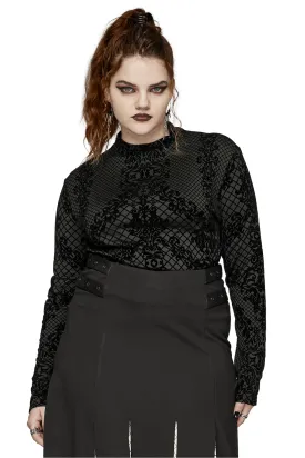 Elastic Knit Goth Flocking Top with High Collar
