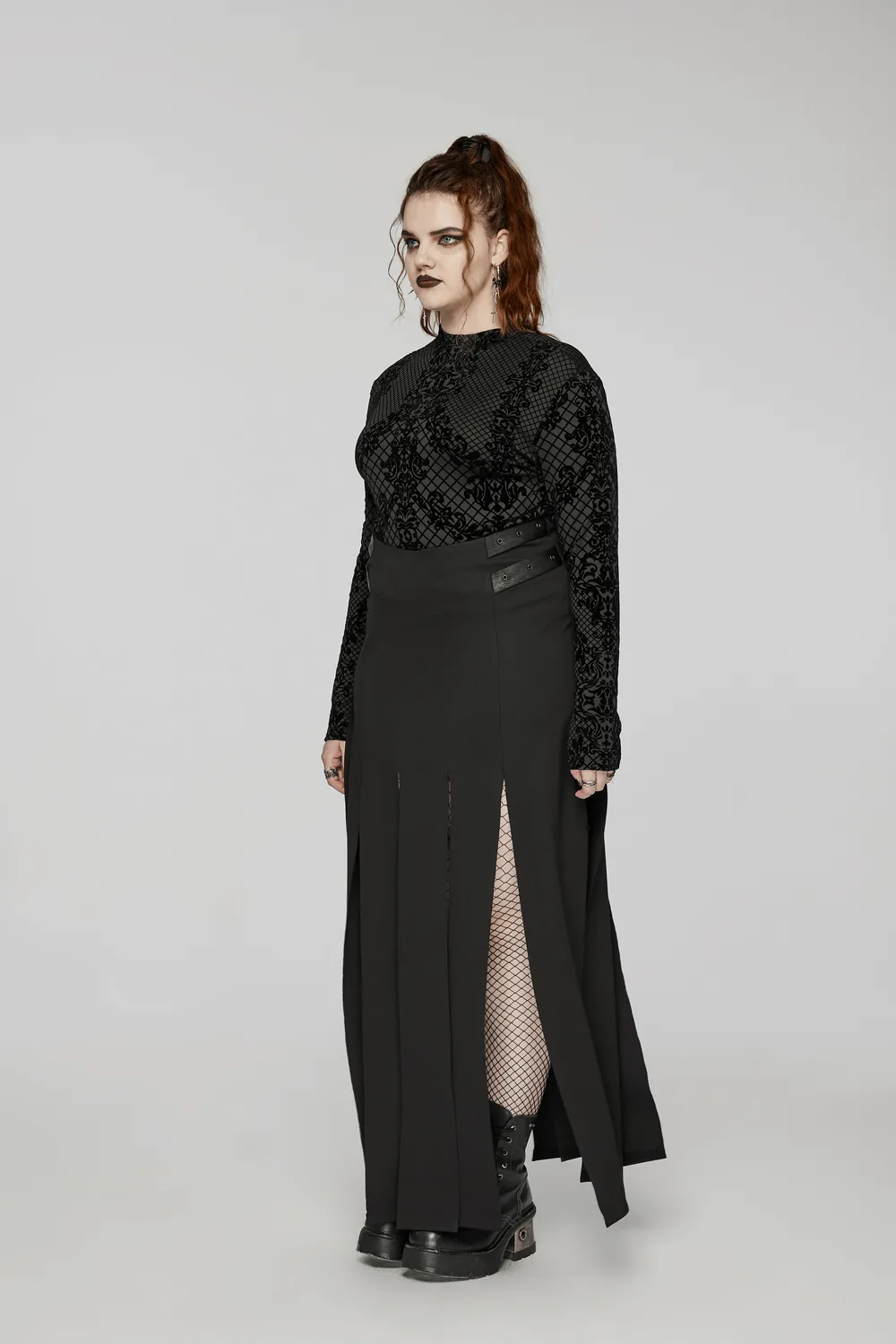 Elastic Knit Goth Flocking Top with High Collar
