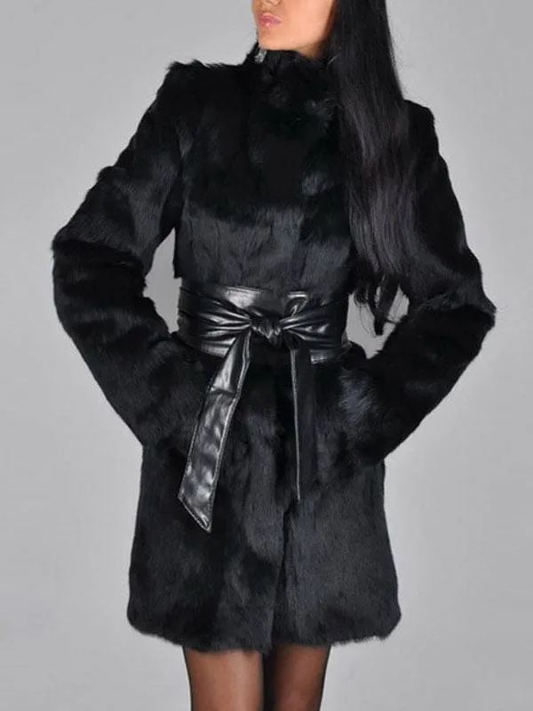 Faux Fur Coat Women Black Long Sleeve Winter Overcoat Sash Excluded