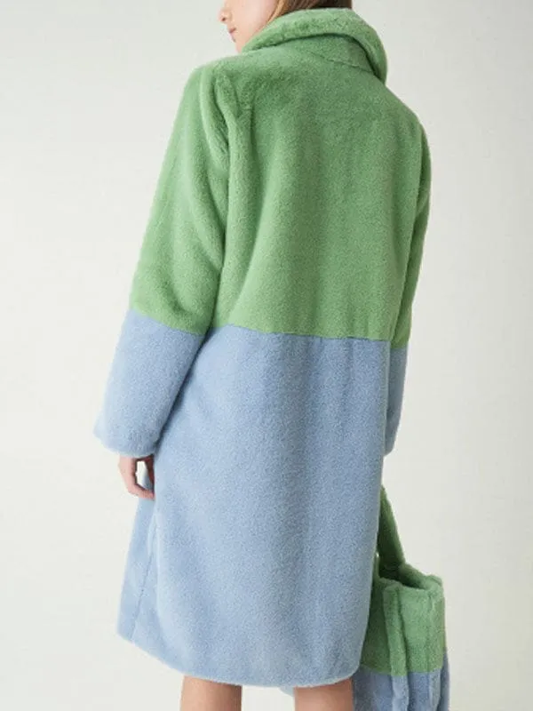 Faux Fur Coats For Women Turndown Collar Long Sleeves Casual Two Tone Stretch V Neck White Long Coat