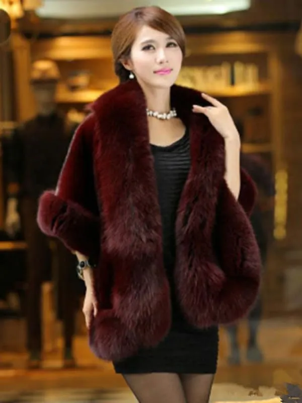 Faux Fur Jacket Women White Winter Wrap Shawl Poncho Cape Coat